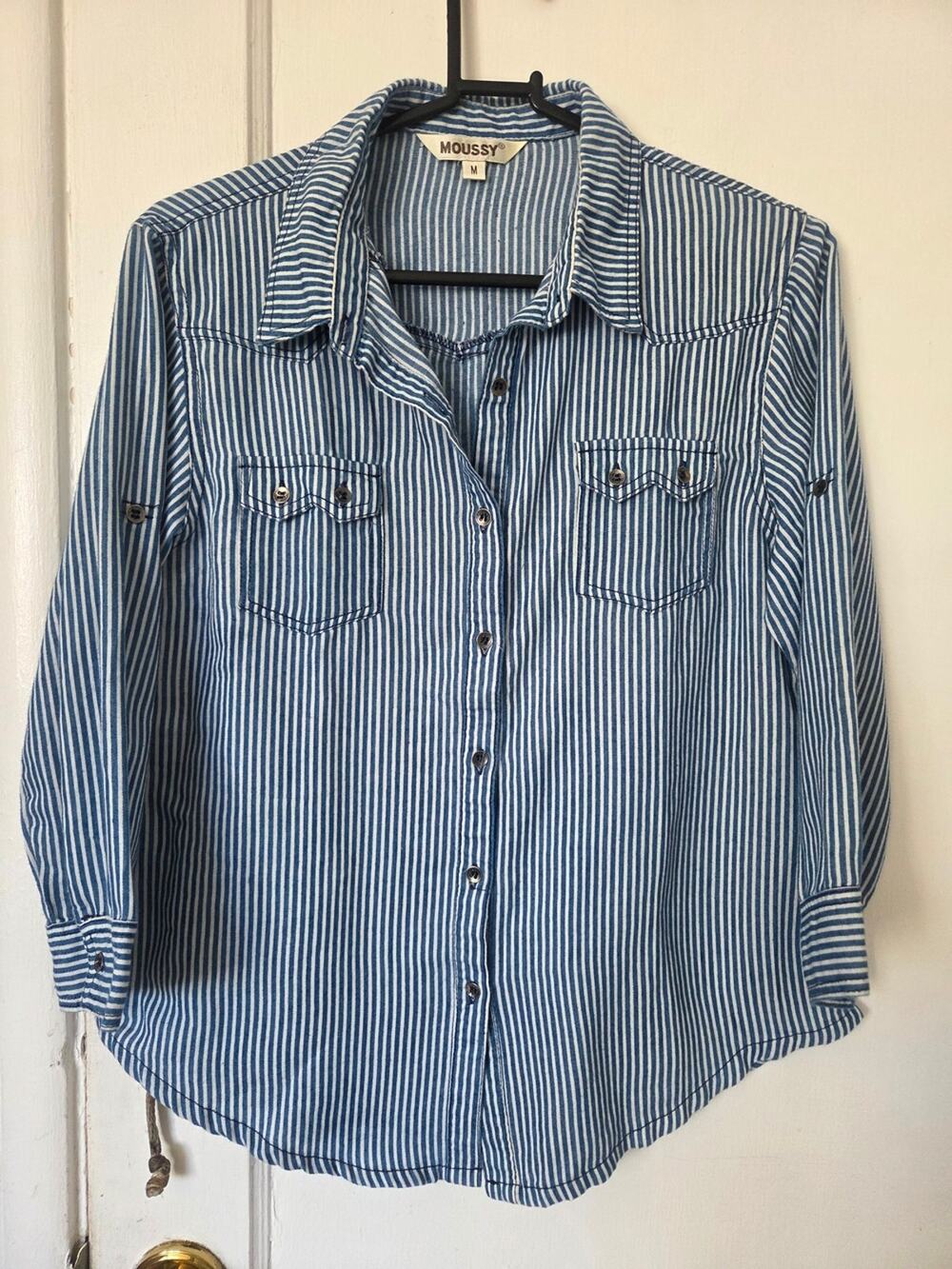 MOUSSY Vintage Blue and White Striped Button-Up Shirt Medium Small